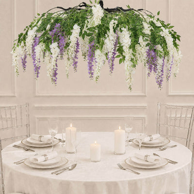 Cream Purple Artificial Silk Wisteria Vine Round Hanging Canopy, Draping Garland Flower Chandelier With Interchangeable Branches 55"