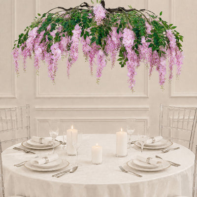 Artificial Silk Wisteria Vine Round Hanging Canopy in Lavender Lilac, Draping Garland Flower Chandelier With Interchangeable Branches 55"