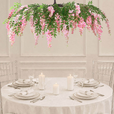 Artificial Silk Wisteria Vine Round Hanging Canopy in Pink & Dusty Rose, Draping Garland Flower Chandelier With Interchangeable Branches 55"