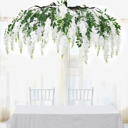 White Artificial Silk Wisteria Vine Round Hanging Canopy, Draping Garland Flower Chandelier With Interchangeable Branches 55"