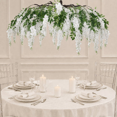 White Artificial Silk Wisteria Vine Round Hanging Canopy, Draping Garland Flower Chandelier With Interchangeable Branches 55"