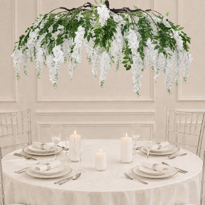 White Artificial Silk Wisteria Vine Round Hanging Canopy, Draping Garland Flower Chandelier With Interchangeable Branches 55"