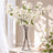White floral arrangement in a glass vase with sunlight in a bright room