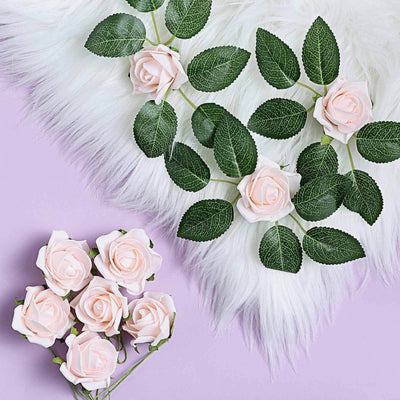 24 Roses Blush Artificial Foam Flowers With Stem Wire and Leaves 2"
