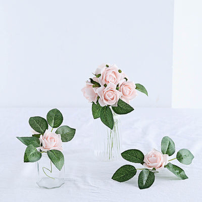 24 Roses Blush Artificial Foam Flowers With Stem Wire and Leaves 2"