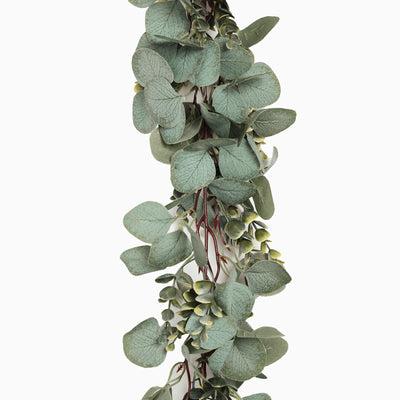 Artificial hanging eucalyptus garland with green leaves and floral accents