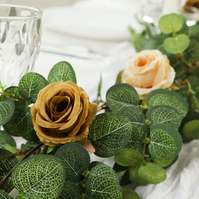 Artificial rose floral arrangement with green leaves for decor.