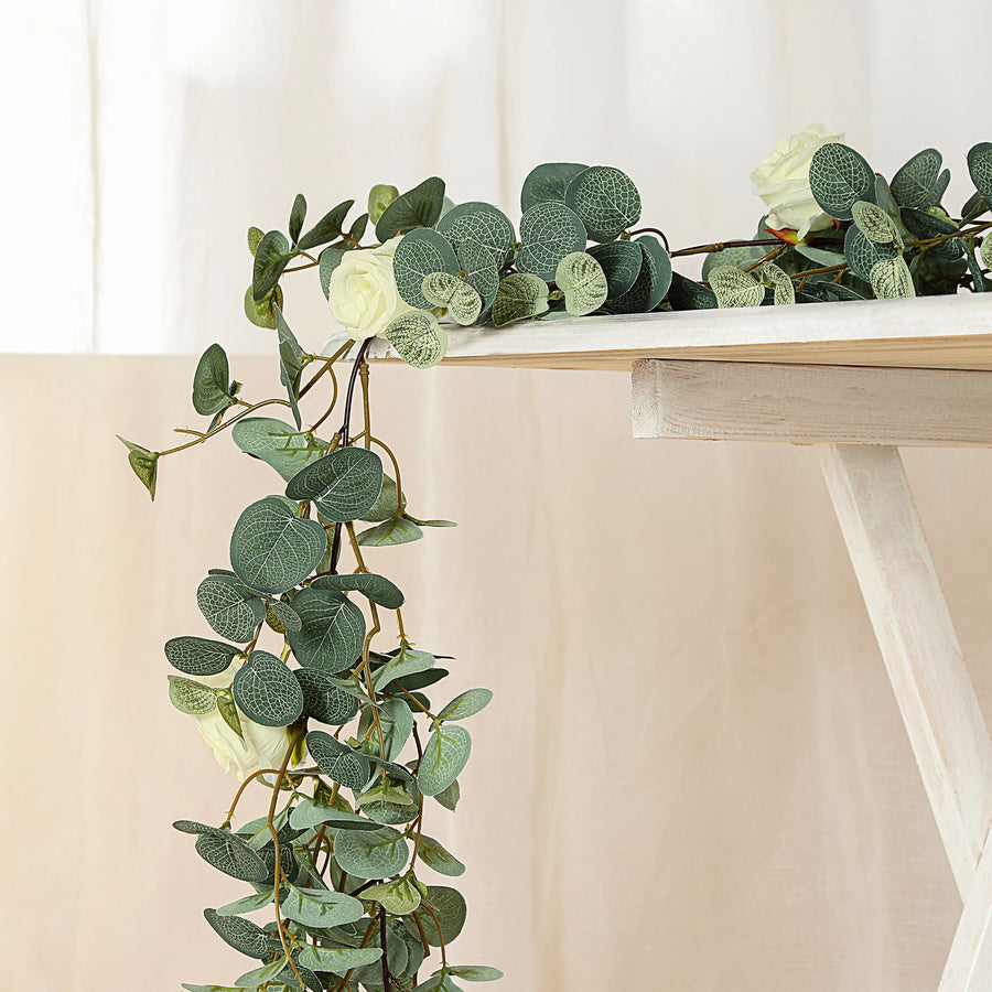 Green and ivory artificial eucalyptus rose garland for baby shower floral decor