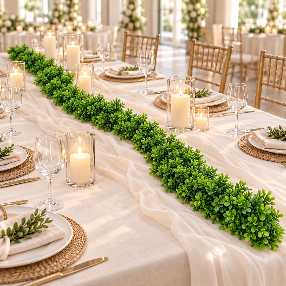 Elegant wedding reception table with candles, greenery, and gold chairs