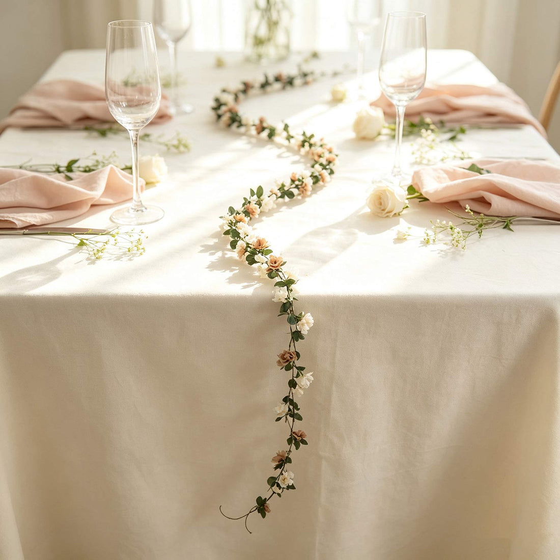 Elegant wedding table setting with floral garland, champagne flutes, and blush napkins