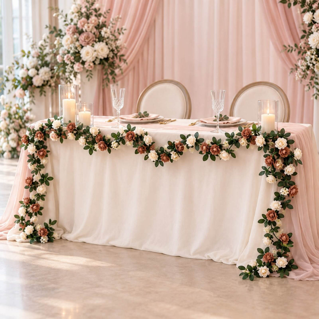 Elegant wedding reception table with pink drapery, candles, and floral garland