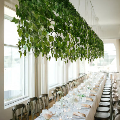 Elegant dining setup with greenery overhead and a long table setting.