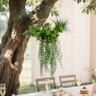 Hanging Hoop Greenery Chandelier – 38" Faux Boxwood, Grass & Trailing Vine Ceiling Décor