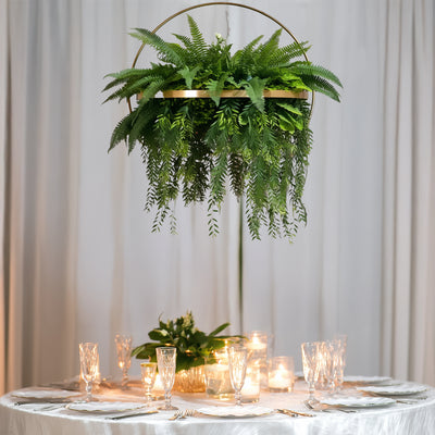 42" Long Hanging Faux Fern Greenery Chandelier with 24" Gold Hoop Ring – Lush Ceiling Decor for Weddings & Events