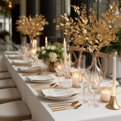 Elegant dining table set with golden decor and candles for a sophisticated gathering.
