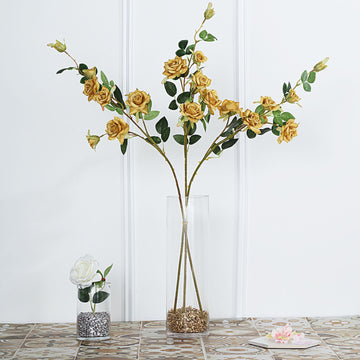 Add Elegance to Your Space with Gold Artificial Silk Rose Flower Bouquet Bushes