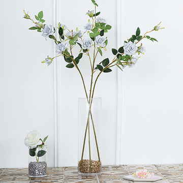 Elegant Silver Artificial Silk Rose Flower Bouquet Bushes - Add Timeless Beauty to Your Decor