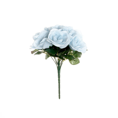 Light blue artificial rose bouquet on a white background