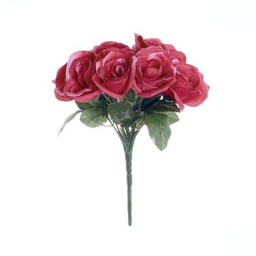 Create a Stunning Fuchsia Ambiance with our Artificial Velvet-Like Fabric Rose Flower Bouquet Bush 12