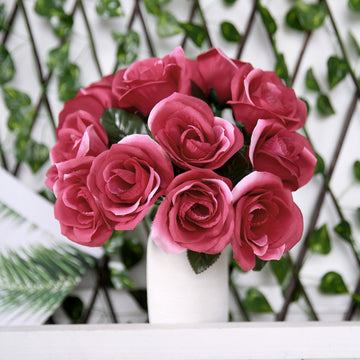 Add a Pop of Color with Fuchsia Artificial Velvet-Like Fabric Rose Flower Bouquet Bush 12
