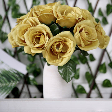 Gold Artificial Velvet-Like Fabric Rose Flower Bouquet Bush 12