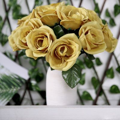 Yellow artificial rose bouquet in a white vase.