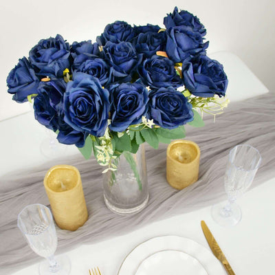 2 Pack Navy Blue Artificial Silk Rose Bouquets, Real Touch Floral Arrangements, 18"