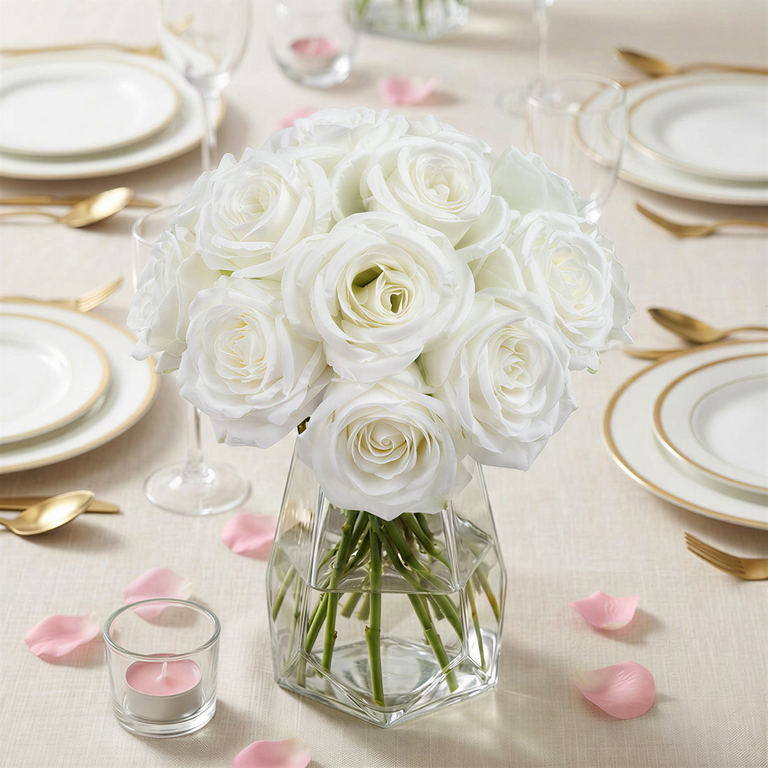 White rose bouquet in a glass vase on a dining table setting.
