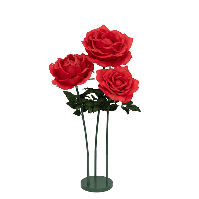 Giant Artificial Rose Decor Set – 3 Pcs Oversized Red Faux Flowers with Base Standing 4.5ft Tall Photo Booth Prop Parties Event Backdrop Display