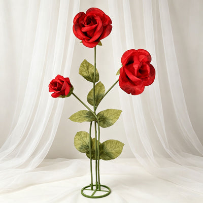 6.5ft Giant Paper Rose Floor Display Set, 3 Pcs Long Stem Artificial Roses with Metal Base, Red - Freestanding Photo Booth Backdrop Decor