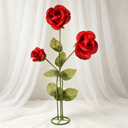 6.5ft Giant Paper Rose Floor Display Set, 3 Pcs Long Stem Artificial Roses with Metal Base, Red - Freestanding Photo Booth Backdrop Decor