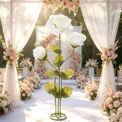 Elegant outdoor wedding aisle with white roses and pink floral arch decor