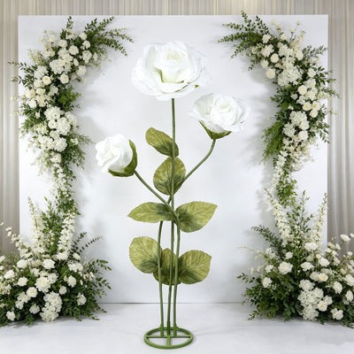 6.5ft Giant Paper Rose Floor Display Set, 3 Pcs Long Stem Artificial Roses with Metal Base, White - Freestanding Photo Booth Backdrop Decor