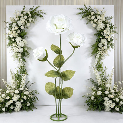 6.5ft Giant Paper Rose Floor Display Set, 3 Pcs Long Stem Artificial Roses with Metal Base, White - Freestanding Photo Booth Backdrop Decor