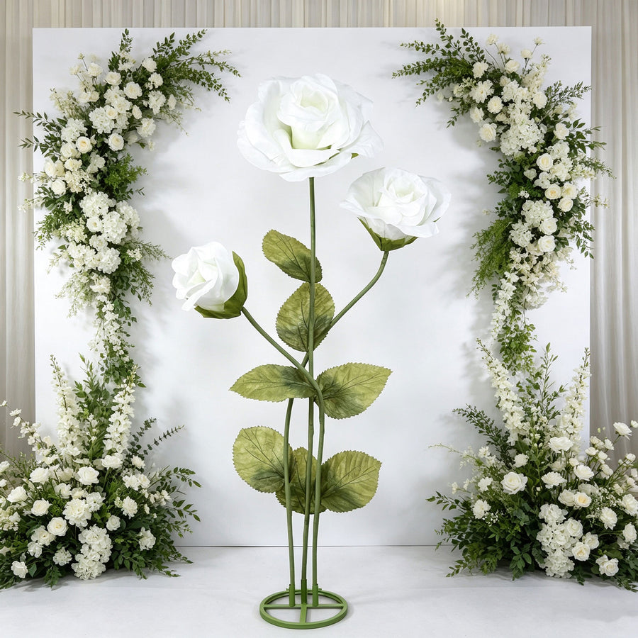 6.5ft Giant Paper Rose Floor Display Set, 3 Pcs Long Stem Artificial Roses with Metal Base, White - Freestanding Photo Booth Backdrop Decor