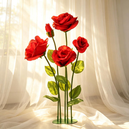 6ft Giant Paper Rose Floor Display Set, 5 Pcs Long Stem Roses with Bud & Metal Base, Red - Freestanding Photo Booth Backdrop