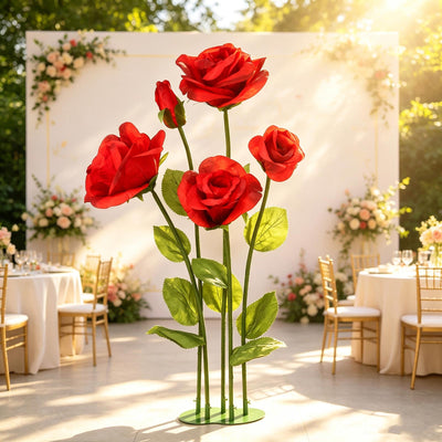 Red rose floral centerpiece at an elegant outdoor wedding reception
