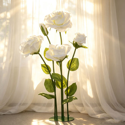 6ft Giant Paper Rose Floor Display Set, 5 Pcs Long Stem Roses with Bud & Metal Base, White - Freestanding Photo Booth Backdrop