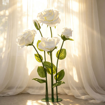 6ft Giant Paper Rose Floor Display Set, 5 Pcs Long Stem Roses with Bud & Metal Base, White - Freestanding Photo Booth Backdrop