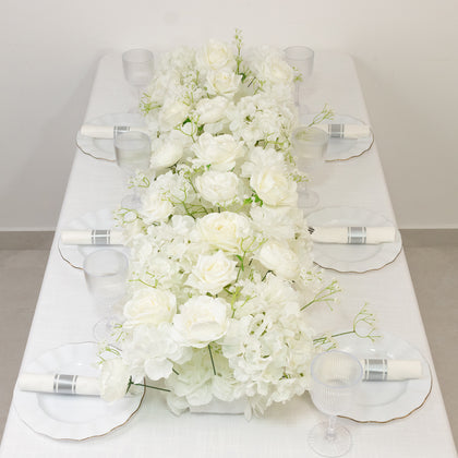 Pre-Arranged Silk Flower Runner 40"x16" – White Roses, Hydrangeas & Baby's Breath for Wedding Table & Arch Decor