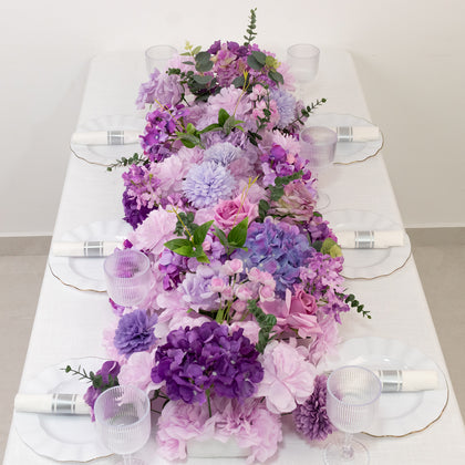 Pre-Arranged Silk Flower Runner 40"x16" Mixed Lavender Lilac – Roses, Hydrangeas, Chrysanthemums & Peonies for Wedding Table & Arch Decor