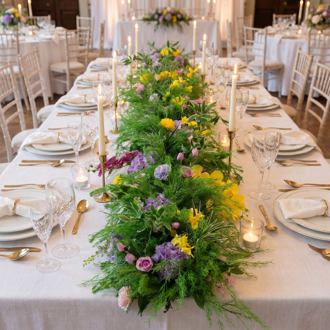 Elegant wedding reception table with floral centerpiece and candlelit place settings