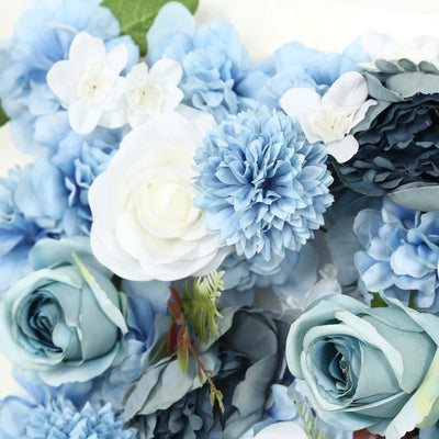 Blue and white artificial flower bouquet close-up