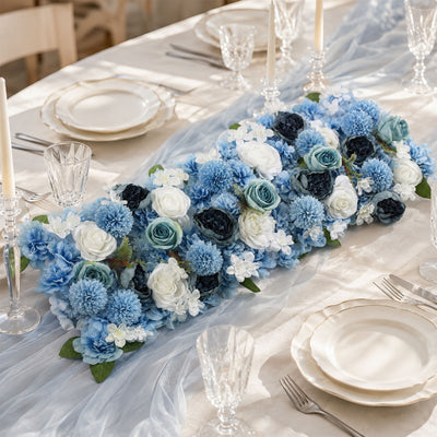 Pre-Arranged Silk Flower Runner 40"x16" Light Blue – Artificial Roses, Peonies, Hydrangeas & Chrysanthemums for Wedding Table & Arch Decor