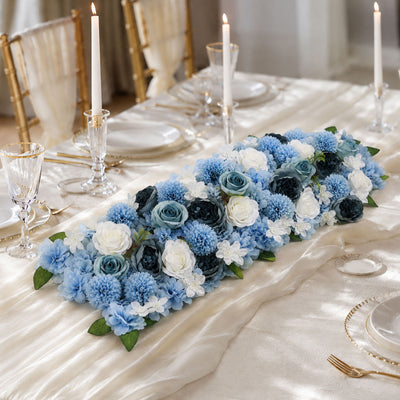 Blue and white floral table runner centerpiece for elegant wedding decor