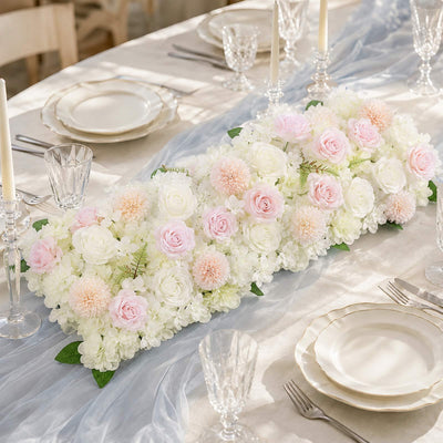 Pre-Arranged Silk Flower Runner 40"x16" Cream – Artificial Roses, Peonies, Hydrangeas & Chrysanthemums for Wedding Table & Arch Decor