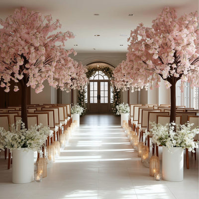 Elegant wedding venue with pink cherry blossom trees and white floral arrangements.
