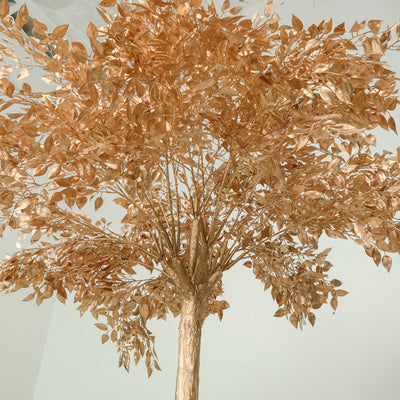Gold artificial tree with detailed leaves and trunk.