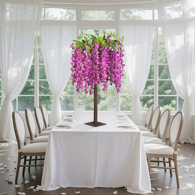 4ft Tall Lavender Lilac Wisteria Tree with Cascading Silk Flowers – Faux Floral Display with Real Wood Trunk for Wedding & Event Decor