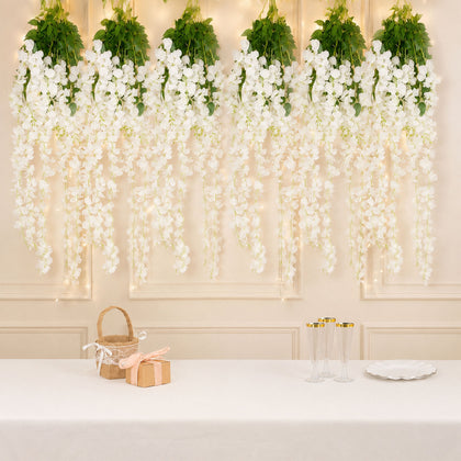 5 Pack Artificial Silk Hanging Wisteria Flower Garland Vines in White, 3 Strands in 1 Bush - 44"